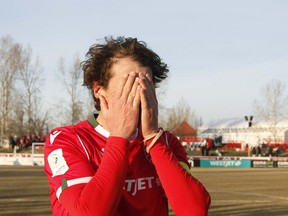 Cavalry FC captain Mason Trafford shows emotion after the 2-1 loss to Pacific FC in extra time during CPL semifinal action between the two sides at ATCO Field at Spruce Meadows in Calgary on Saturday.