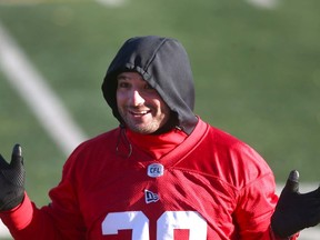 Stampeders kicker Rene Paredes shares a light moment with teammates during practice at McMahon Stadium on Wednesday. On Thursday, he was named the West Division's Top Special Teams Player.