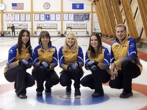 From left: lead Julianna Mackenzie, second Kim Bonneau, third Quinn Prodaniuk, skip Elysa Crough and coach Mark Johnson. Photo courtesy of Team Crough