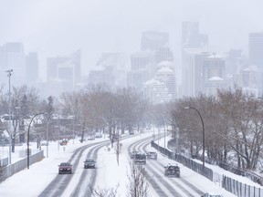 Calgary’s skyline and Memorial Drive N.W. was photographed on a cold snowy day of -22 C on Saturday, Feb. 6, 2021.