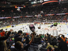 Calgary Hitmen fans flood the ice with stuffed toys during a Teddy Bear Toss game at the Scotiabank Saddledome on Dec. 1, 2019.