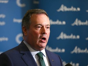 Alberta Premier Jason Kenney addresses media after a noon hour speech at a Calgary Chamber of Commerce event in Calgary at the Westin Hotel on Wednesday, December 8, 2021.