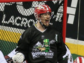 The Calgary Roughnecks’ Curtis Dickson celebrates scoring against the Colorado Mammoth at the Saddledome in Calgary on March 16, 2019.