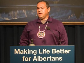 Video frame grab of Chief Ouray Crowfoot of the Siksika Nation during in Alberta government press conference on Friday, Sept. 11, 2020.