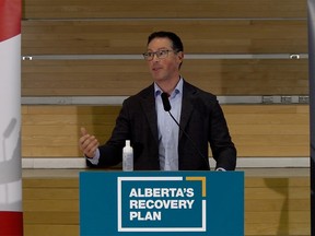 Screen Capture of Doug Schweitzer, Minister of Jobs, Economy and Innovation, during a press conference where the UCP government announced new funding for researchers at U of C.