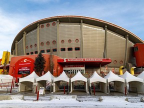 The Scotiabank Saddledome, home of the Calgary Flames, is pictured on Wednesday, Dec. 15, 2021, after a COVID-19 outbreak was detected in the organization.