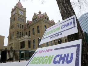 A small crowed rallied for the resignation of Councellor Sean Chu at city hall in Calgary on Saturday, December 4, 2021.