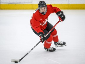 Connor Bedard skates during a practice at the Canadian World Junior Hockey Championship selection camp in Calgary on Thursday, Dec. 9, 2021.