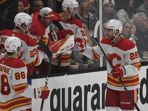 Calgary Flames forward Elias Lindholm (28) celebrates after scoring against the Anaheim Ducks at Honda Center in Anaheim, Calif., on Dec. 3. 2021.