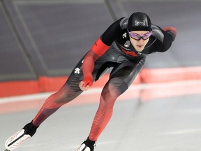 Hayden Mayeur, pictured here, and fellow Canadians Ted-Jan Bloemen and Kaleb Muller won the men’s pursuit gold medal during the ISU Four Continents long track championship at the Olympic Oval in Calgary on Friday, Dec. 17, 2021.