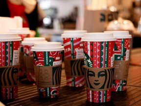 Mobile orders await pick up at a Starbucks in Hamburg, a suburb of Buffalo, N.Y., Wednesday, Dec. 8, 2021.