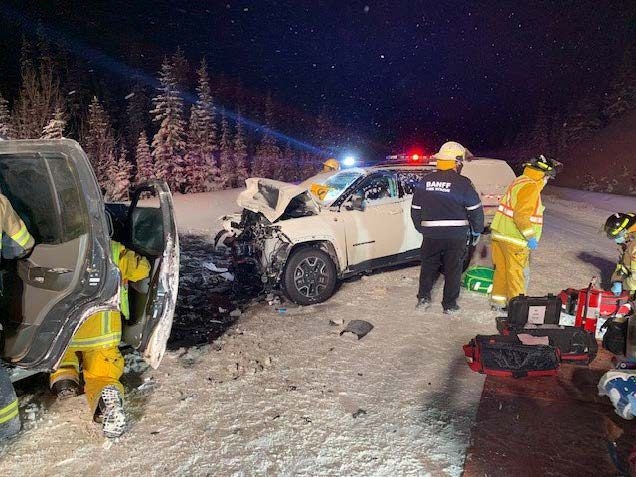 Banff RCMP responded to the scene after two SUVs collided head on while travelling in opposite directions on Highway 93 near Boom Lake.