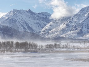 Snow flies in 80 km/hr gusts at Maskinonge Lake on the eastern edge of Waterton Lakes National Park, Ab., on Tuesday, January 25, 2022.