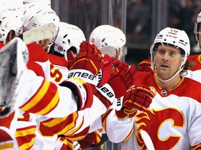 Flames forward Blake Coleman celebrates his goal against the Panthers on Tuesday at the FLA Live Arena in Sunrise, Fla.