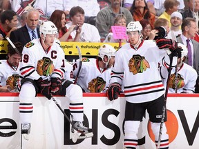 Jimmy Hayes (right) and Jonathan Toews of the Chicago Blackhawks are pictured during Game 5 of the Western Conference quarterfinals against the Phoenix Coyotes in Glendale, Ariz., on April 21, 2012.