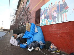 A homeless camp is shown outside the Drop-In Centre in downtown Calgary on Thursday, December 2, 2021.