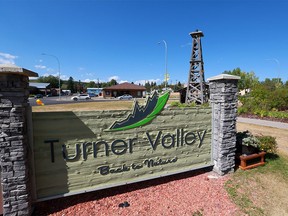 A Turner Valley sign in the town’s centre was photographed on Tuesday, August 25, 2020. Turner Valley and nearby Black Diamond are commencing the final process to amalgamate.