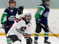 Emma Ward  with the GHC Jr. Inferno celebrates her goal against the Springbank Rockies in the U11 Division 5 Blue division during the Esso Minor Hockey Week championships in at Shouldice arena in Calgary on Saturday, January 15, 2022.  Darren Makowichuk/Postmedia