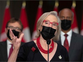 Minister of Health and Addictions and Associate Minister of Health Carolyn Bennett speaks during a press conference in Ottawa, Canada on October 26, 2021.