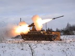 A Strela-10 anti-aircraft missile system of the Ukrainian Armed Forces fires during anti-aircraft military drills in Volyn Region, in this handout picture released Wednesday, Jan. 26, 2022.