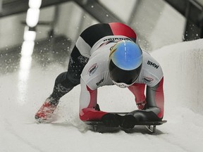 Calgary skeleton athlete Blake Enzie competes earlier this season in Latvia.