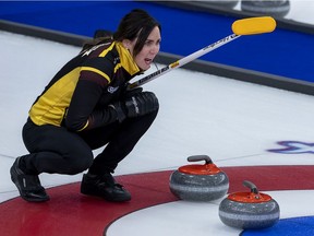 New Brunswick skip Andrea Crawford reacts to a rock as they play Wild Card 3 during the Scotties Tournament of Hearts at Fort William Gardens in Thunder Bay, Ont., on Saturday, Jan. 29, 2022.