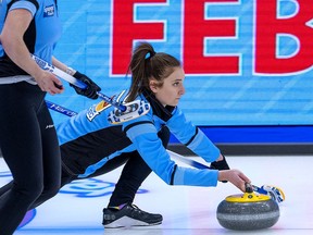 Quebec skip Laurie St-Georges delivers a rock in a game against Alberta at the Scotties Tournament of Hearts at Fort William Gardens in Thunder Bay, Ont., on Saturday, Jan. 29, 2022.