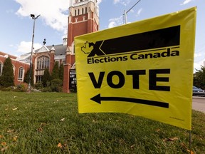 An Elections Canada sign is seen near a polling station for the 2021 Federal Election at Robertson-Wesley United Church in Edmonton, on Monday, Sept. 20, 2021.