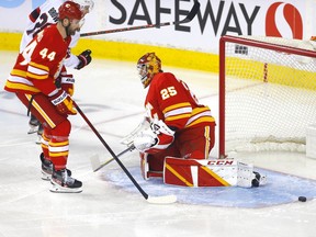 Calgary Flames goalie Jacob Markstrom is scored on by the Ottawa Senators at Scotiabank Saddledome in Calgary on Thursday, Jan. 13, 2022.