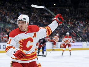 Calgary Flames centre Mikael Backlund celebrates his first-period goal in Wednesday's 6-0 win over the Blue Jackets at Nationwide Arena.