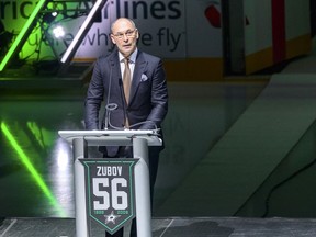 Former Dallas Stars defenceman Sergei Zubov speaks to the fans during the ceremony to have his number retired at the American Airlines Center in Dallas on Friday, Jan. 28, 2022.