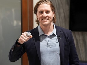 Calgary Flames forward Blake Coleman received his 2021 Stanley Cup ring prior to Thursday's matchup with his former team in Tampa Bay. Coleman won back-to-back titles with the Lightning before signing in Calgary as a free agent. Photo courtesy Calgary Flames.