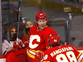 Flames forward Blake Coleman scores on Florida Panthers goalie Spencer Knight during first-period NHL action at the Scotiabank Saddledome in Calgary on Tuesday night.