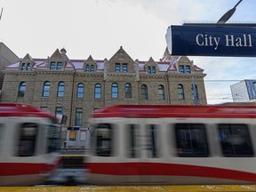 A CTrain passes through the City Hall LRT station in downtown Calgary on Thursday, February 3, 2022.