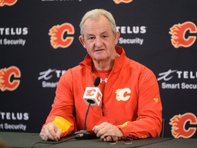 Calgary Flames head coach Darryl Sutter during a press conference at Scotiabank Saddledome on Tuesday, Feb. 15, 2022.