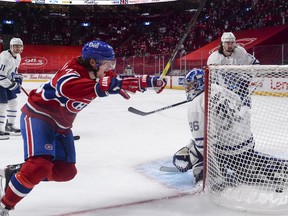 Tyler Toffoli of the Montreal Canadiens celebrates his goal after scoring on Jack Campbell of the Toronto Maple Leafs during Game 6 of their first-round playoff series  at the Bell Centre in Montreal on May 29, 2021.