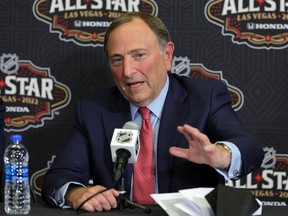 NHL commissioner Gary Bettman speaks to the media before start of the 2022 NHL All-Star weekend at T-Mobile Arena in Las Vegas on Friday, Feb. 4, 2022.