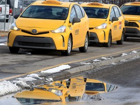 A lineup of Checker Cabs along Palmer Rd. NE. Thursday, February 17, 2022.