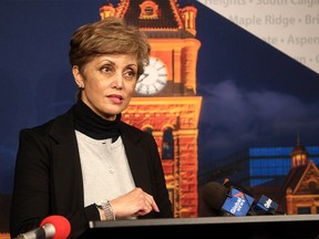 Mayor Jyoti Gondek speaks to reporters following the release of the provincial budget at city hall on Thursday, Feb. 24, 2022.