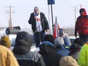 Calgary's Artur Pawlowski joins the rally as authorities dealt with a new roadblock on Highway 4 and 501 outside of Milk River heading towards the Coutts border crossing. Protesters were letting trucks through on one lane on Thursday, February 3, 2022.