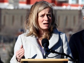 NDP Leader Rachel Notley speaks to reporters on Scotsman Hill following Premier Jason Kenney's Tuesday afternoon announcement to lift some COVID-19 restrictions. Wednesday, February 9, 2022.