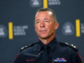 Calgary Chief Constable Mark Neufeld speaks via live stream at police headquarters in Calgary on Tuesday, February 22, 2022.
