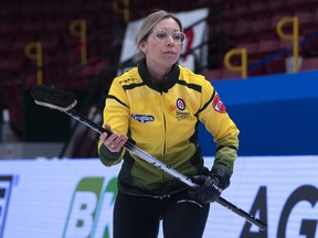 Northern Ontario skip Krista McCarville follows a rock as her team plays Nova Scotia in playoff action at the Scotties Tournament of Hearts at Fort William Gardens in Thunder Bay, Ont., on Feb. 4, 2022.