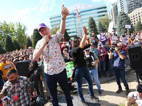 People’s Party of Canada leader Maxime Bernier speaks to a crowd during a rally at Central Memorial Park in downtown Calgary on Sept. 18, 2021.