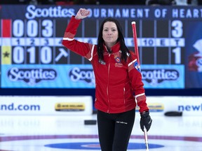 Team Canada skip Kerri Einarson reacts to a rock as they play Wild Card 1 in Page playoff action at the Scotties Tournament of Hearts at Fort William Gardens in Thunder Bay, Ont., Saturday, Feb. 5, 2022.