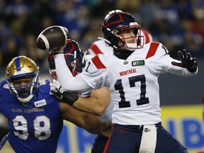Trevor Harris, pictured with the Montreal Alouettes during a game last season, is the only quarterback with established success available on the CFL free-agent market