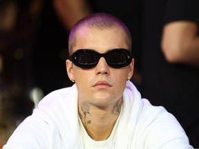 Recording artist Justin Bieber in attendance during the second quarter in Super Bowl LVI between the Los Angeles Rams and the Cincinnati Bengals at SoFi Stadium.