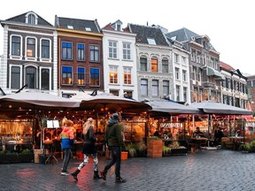 A view of a street of restaurants and bars in Nijmegen, Netherlands, January 26, 2022.