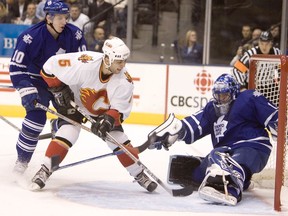 Calgary Flames defenceman Mark Giordano scores on Maple Leafs goaltender Andrew Raycroft in Toronto in a memorable game from Oct. 14, 2006.