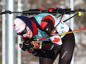 Megan Bankes competes during their women’s 4x6-kilometre relay during the 2022 Beijing Olympics at the National Biathlon Centre in Zhangjiakou, China, on Wednesday, Feb. 16, 2022.